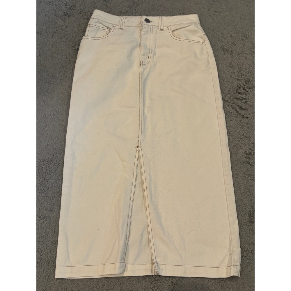 Altar'd State Cream Denim Maxi Skirt XS High Waisted Front Slit Contrast Stitch